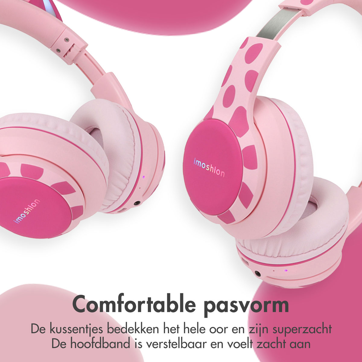 Cuffie rosa con cuscinetti e motivo giraffa. Il marchio è Imoshion.