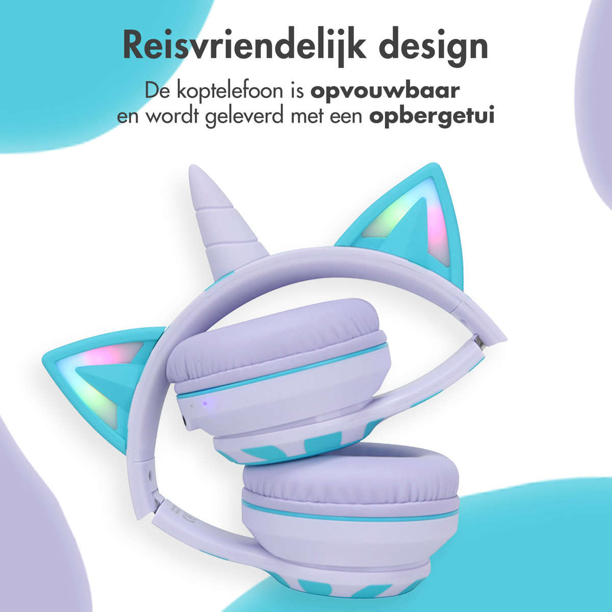 Opgevouwen eenhoorn koptelefoon, met Nederlandse tekst op een gradiënt achtergrond.