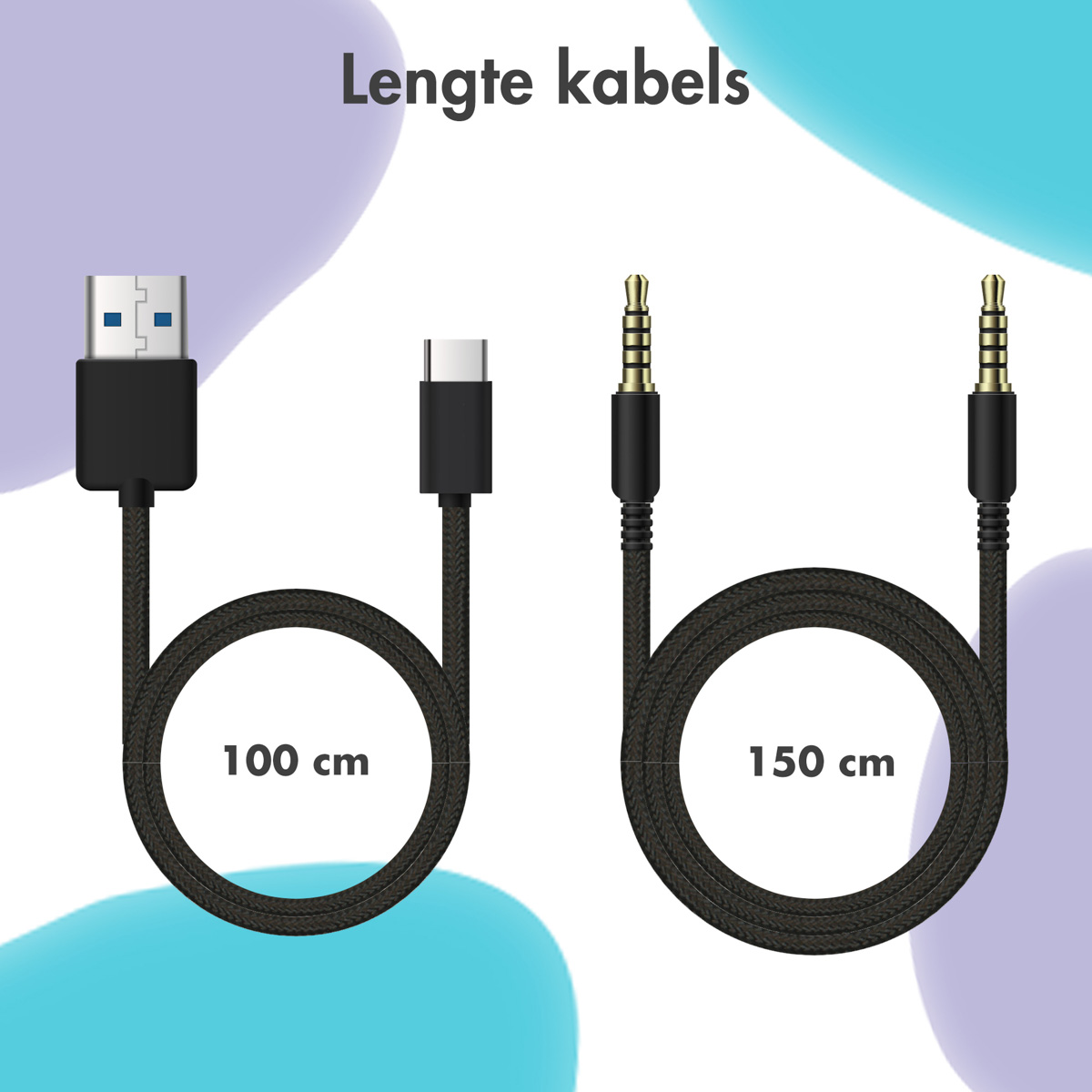 Twee zwarte kabels, een met USB en een met USB-C. Eén is 100 cm, de andere is 150 cm lang.