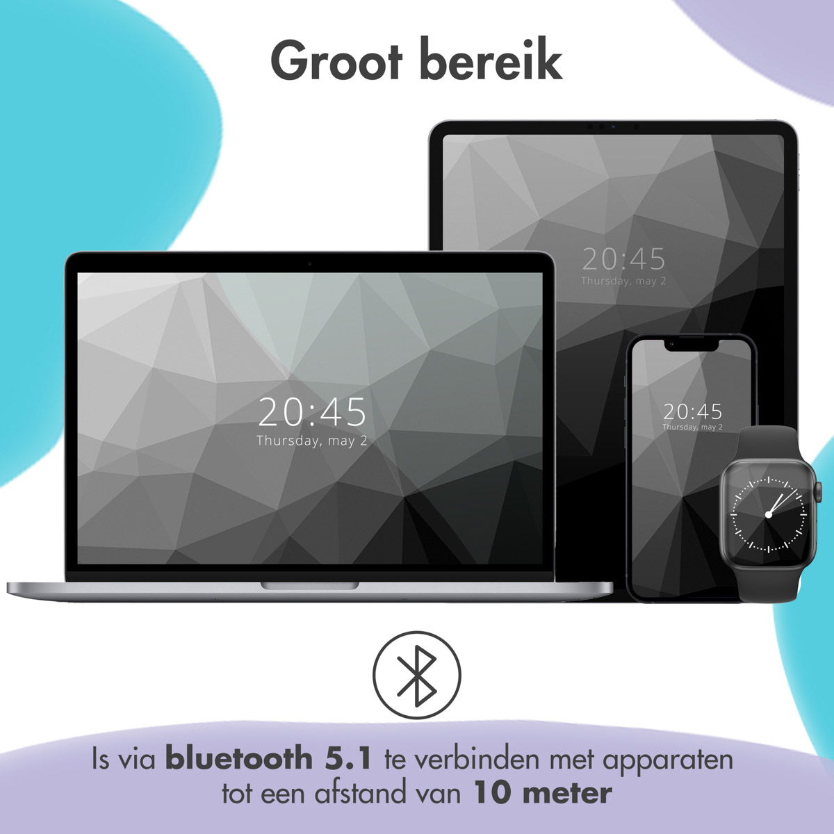 Een laptop, tablet, smartphone en smartwatch, allemaal met hetzelfde grijze geometrische patroon.