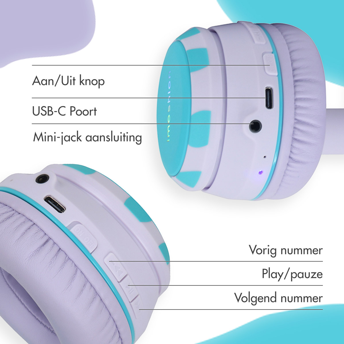 Wit en blauw hoofdtelefoon met labels voor stroom, USB-C-poort en bediening. Achtergrond is turquoise en lavendel.
