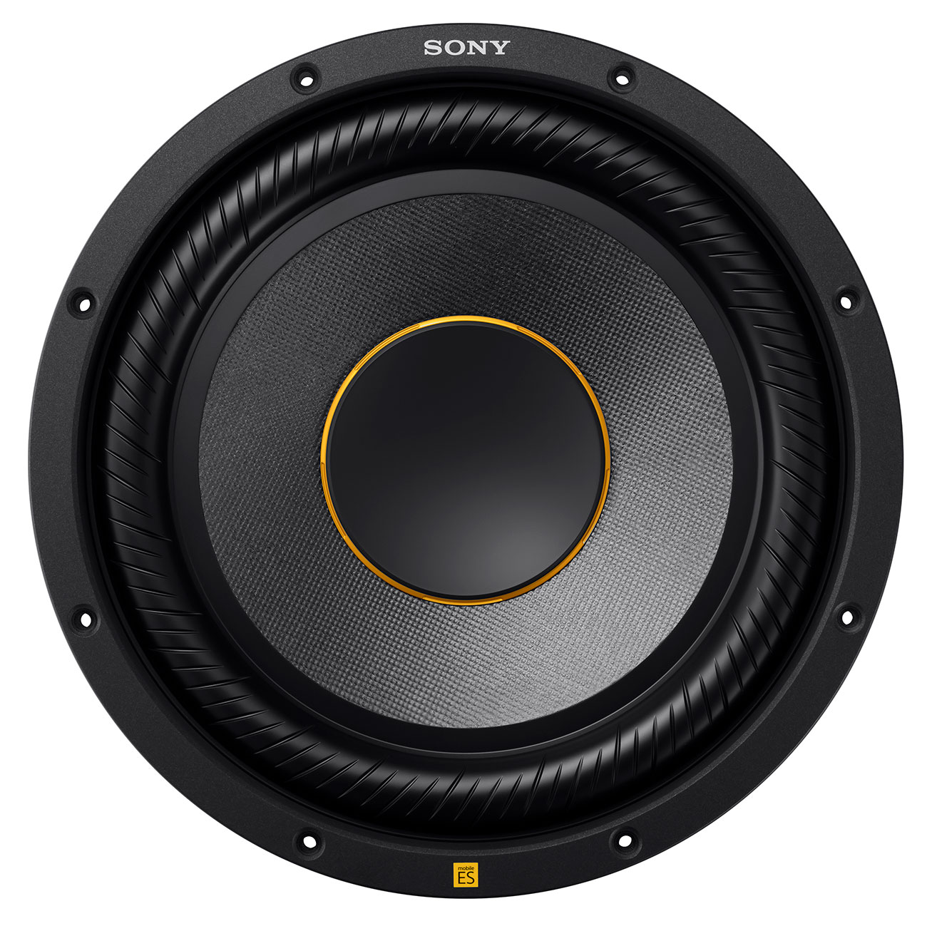 Schwarzer Lautsprecher mit rundem Design, goldener Ring um die Mitte. Der Markenname Sony ist sichtbar.