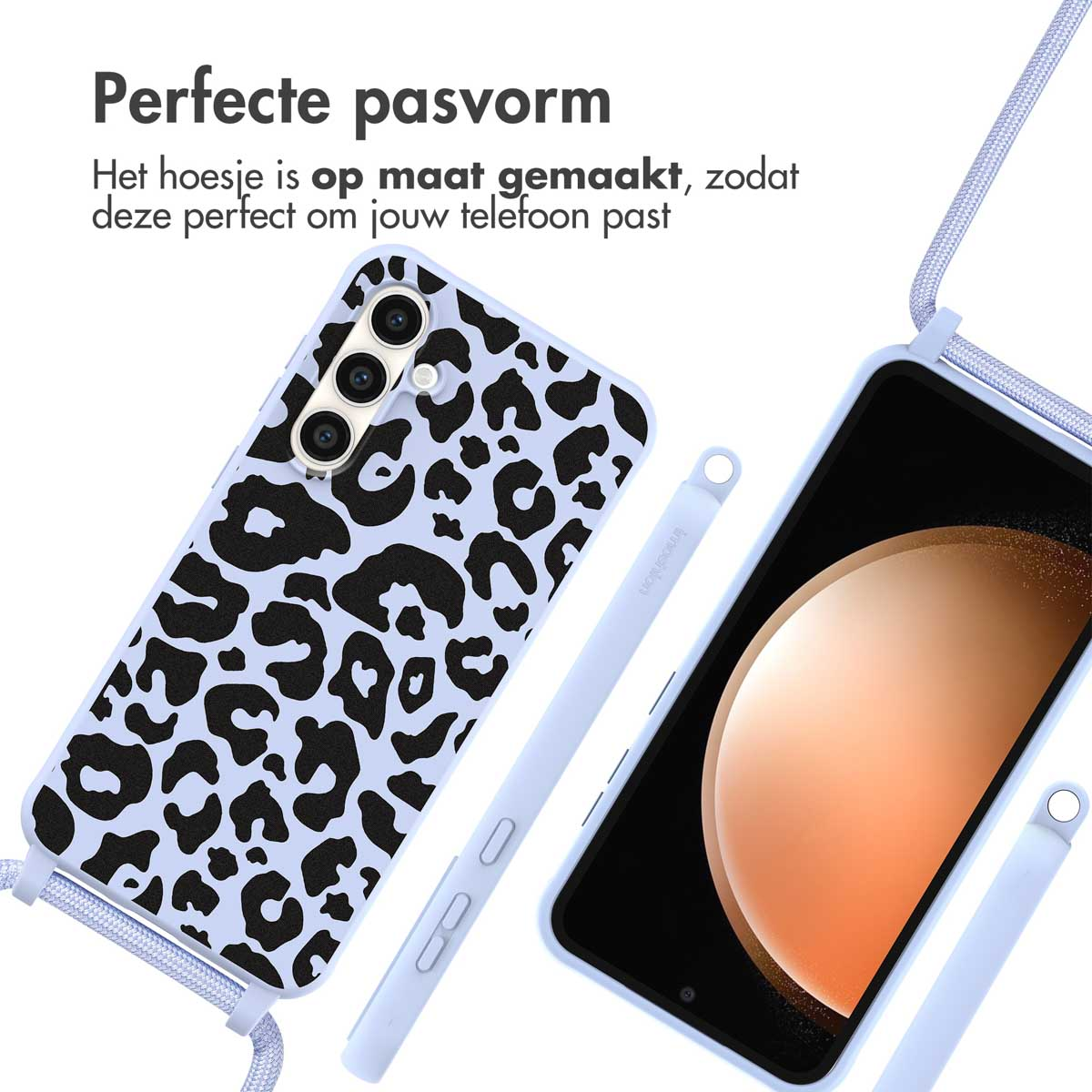 Telefoonhoesje met luipaardprint met een lichtblauwe band. Er zit een telefoon in.