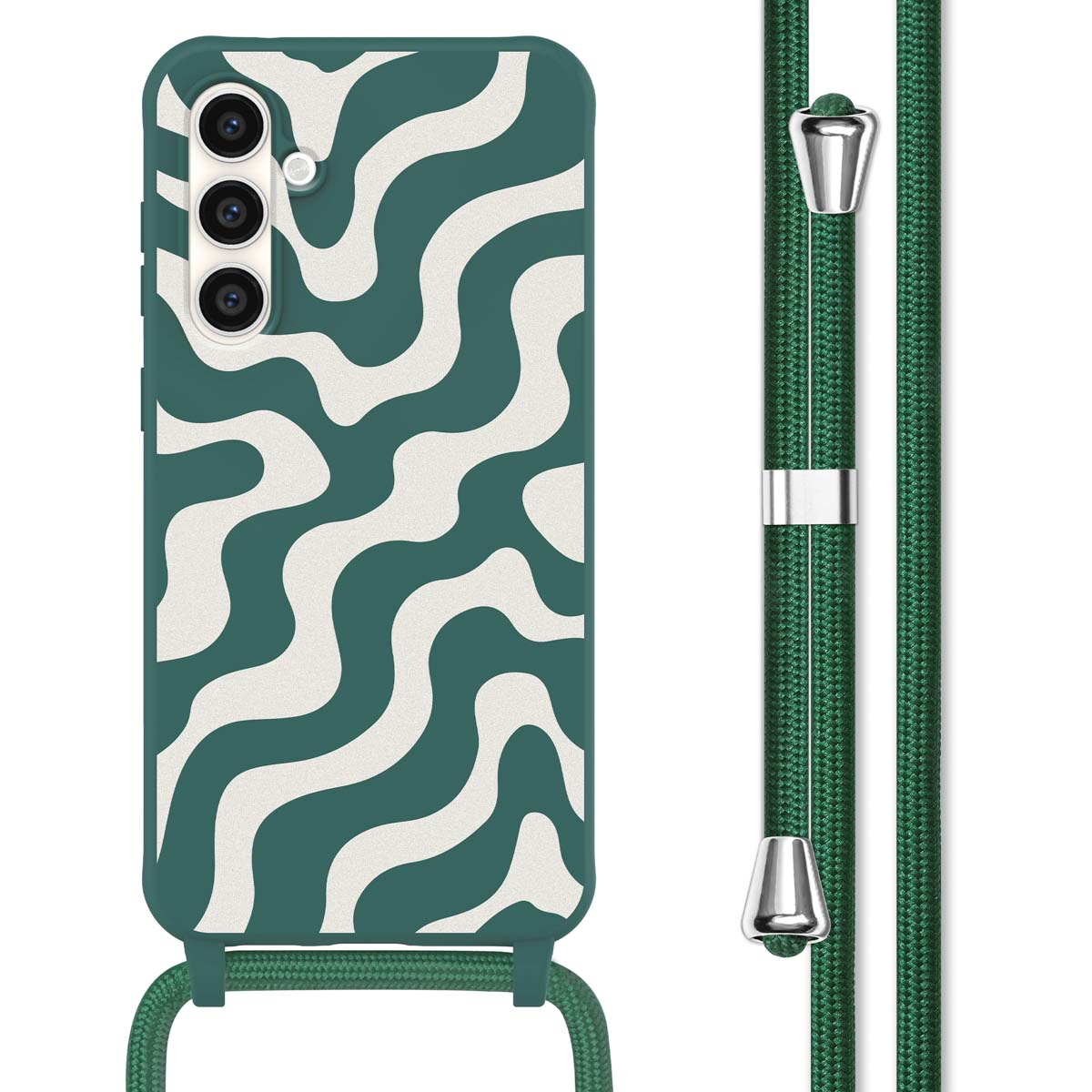 Groen en wit patroon telefoonhoesje met groen koord. Telefoon heeft drie camera's.
