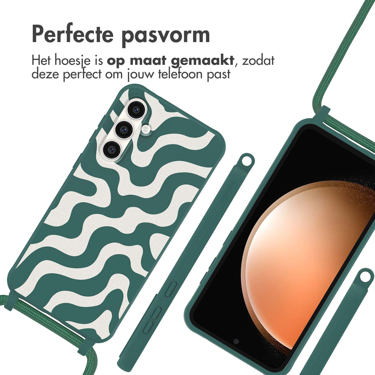 Twee telefoonhoesjes, een met een groen en wit golfpatroon, een zwarte, met een groene band.