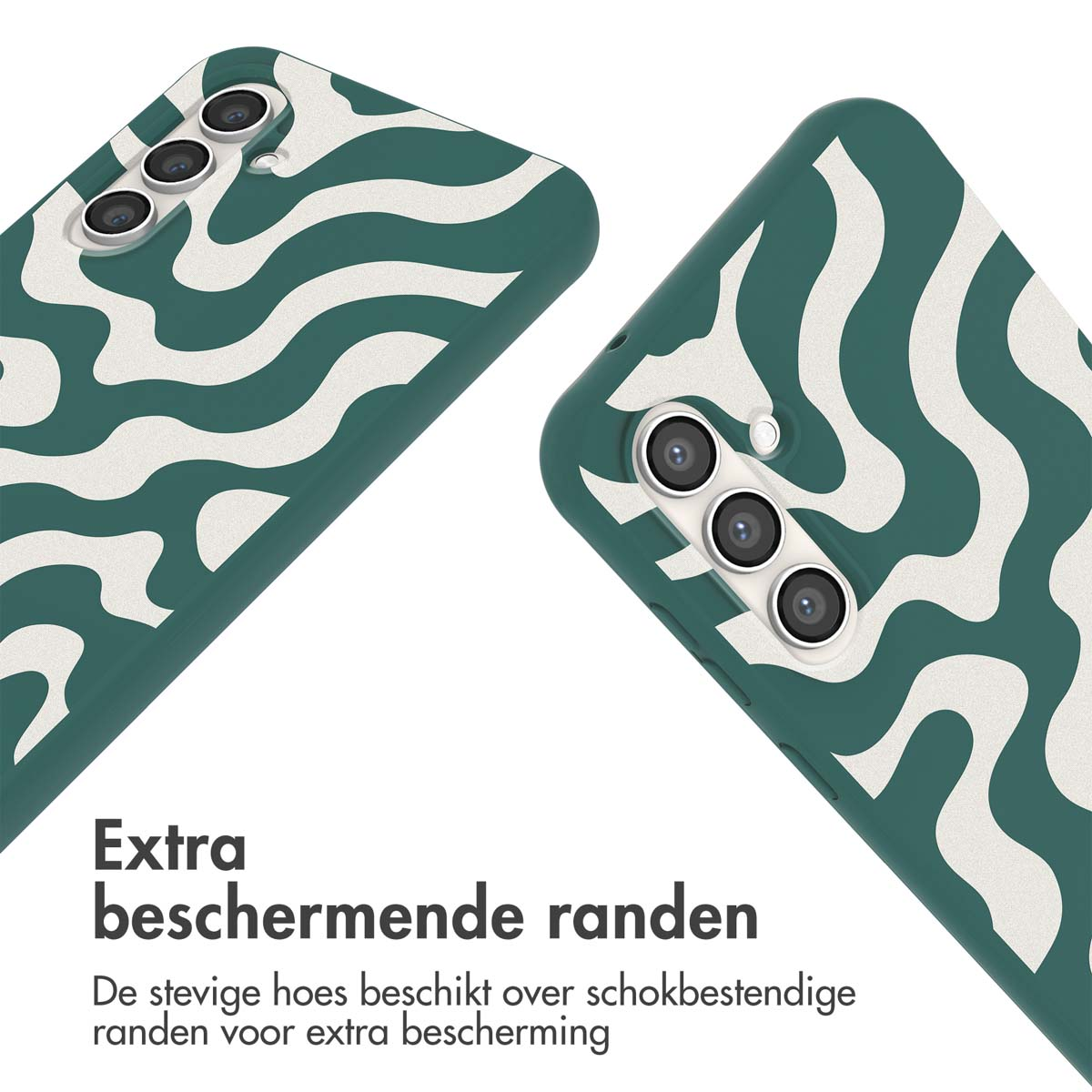 Twee telefoonhoesjes met een groen en wit golvend patroon, en tekst over extra beschermende randen.
