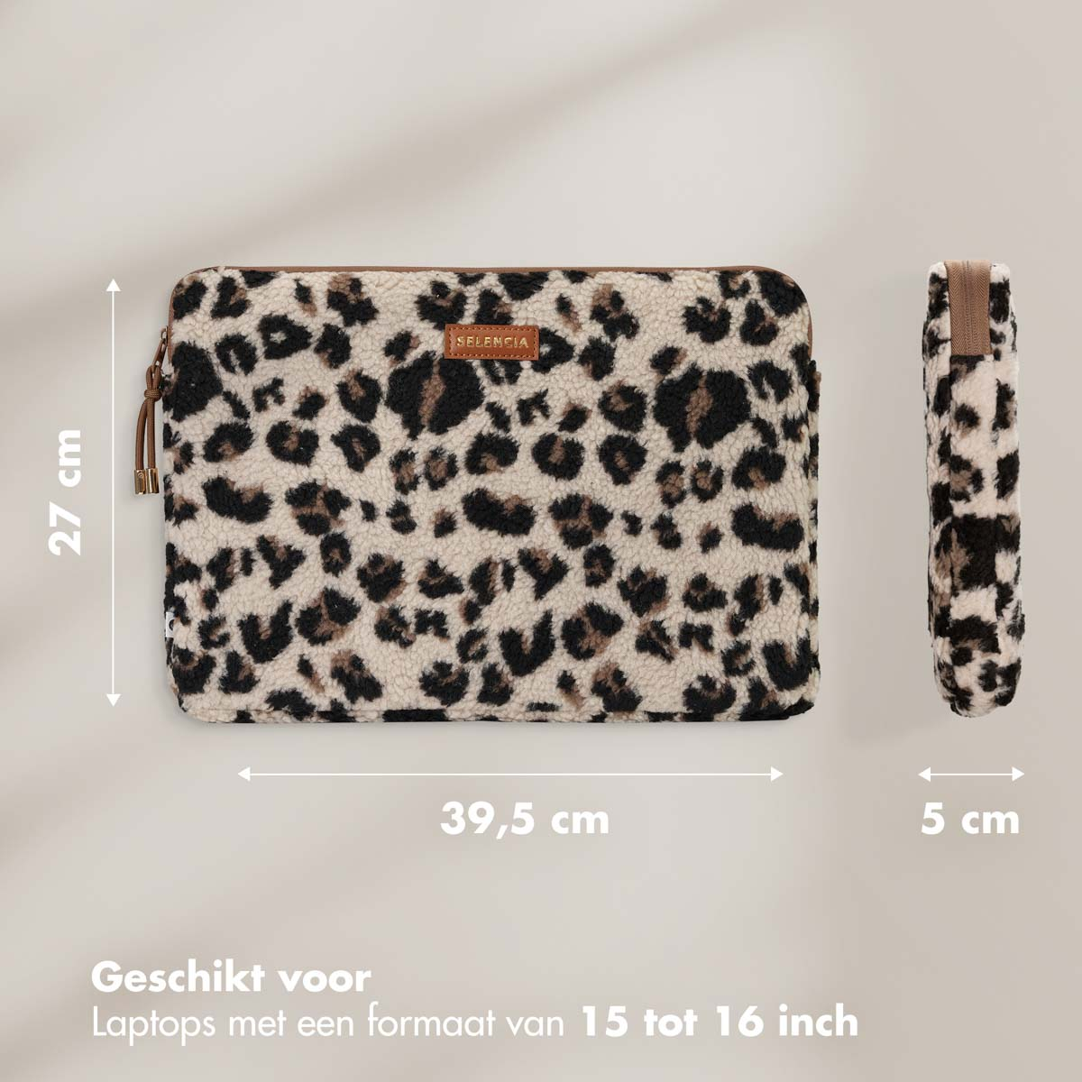 Funda para portátil con estampado de leopardo y dimensiones. Cremallera marrón.