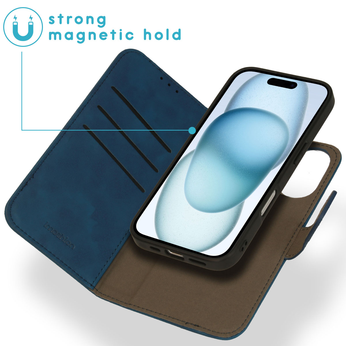 Geöffnete blaue Handyhülle, Telefon innen. Text: 'Starker Magnet halt'. Brauner Innenraum.