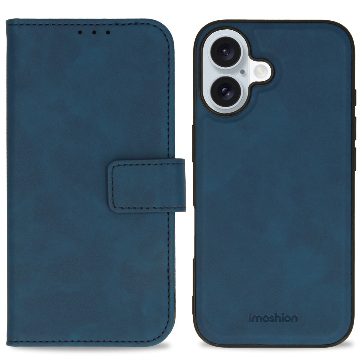 Eine blaue Handyhülle, geöffnet, um ein Telefon mit Kamera und Kartenfach freizugeben. Der Hintergrund ist weiß.