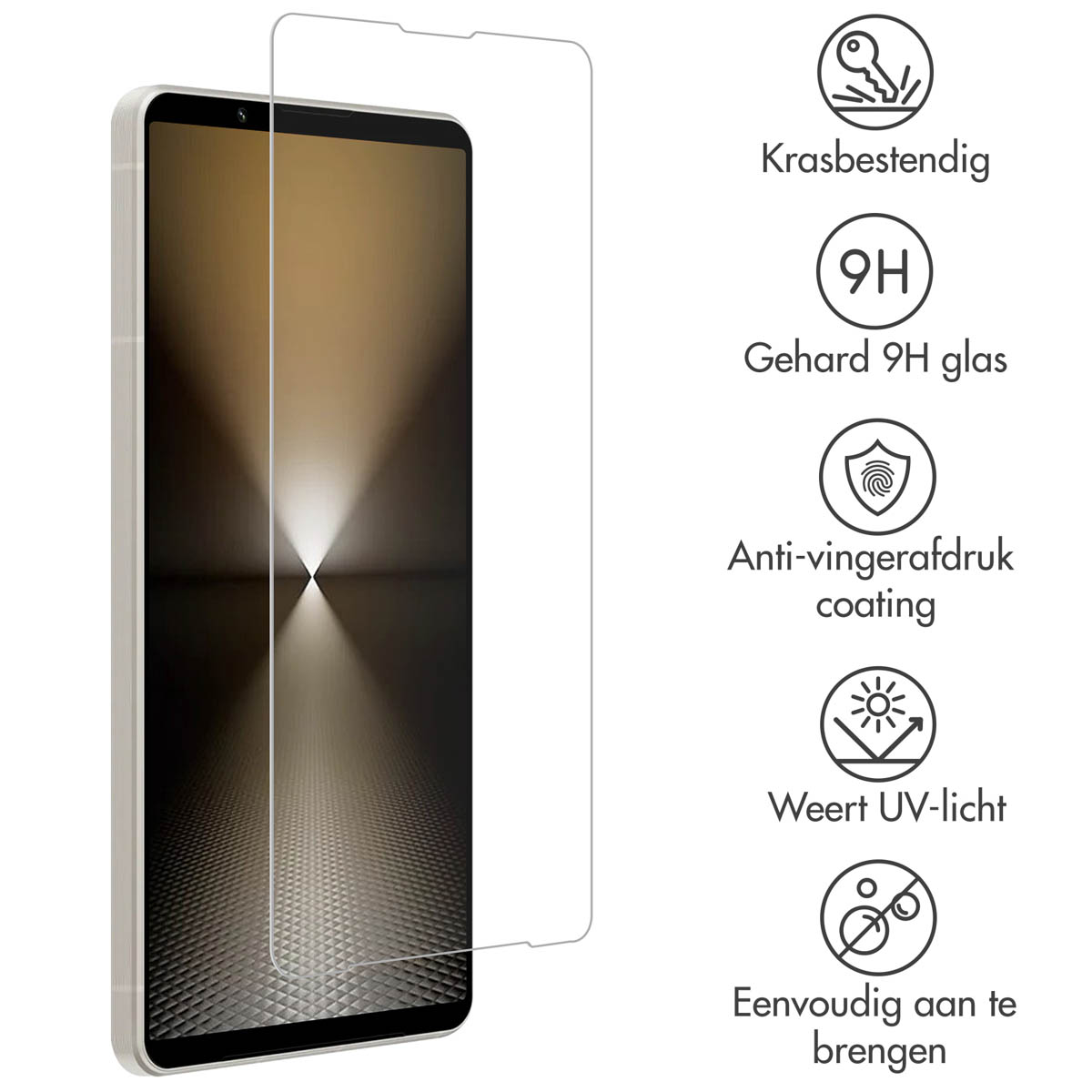 Smartphone met schermbeschermer, met diverse pictogrammen aan de rechterkant.