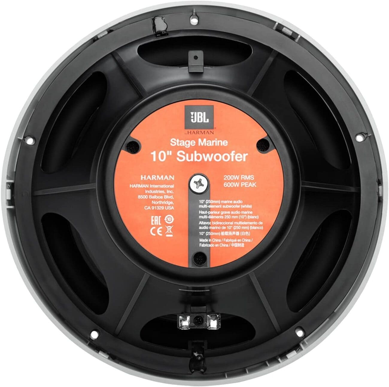 JBL 10" Subwoofer. Schwarz mit weißem Text. JBL-Logo und Produktinfo. Isoliert auf Weiß.