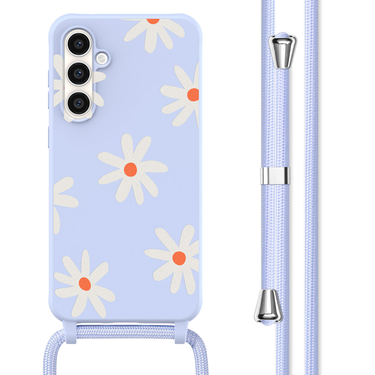 Lichtblauwe telefoonhoes met madeliefpatroon. Telefoon heeft een koord bevestigd.