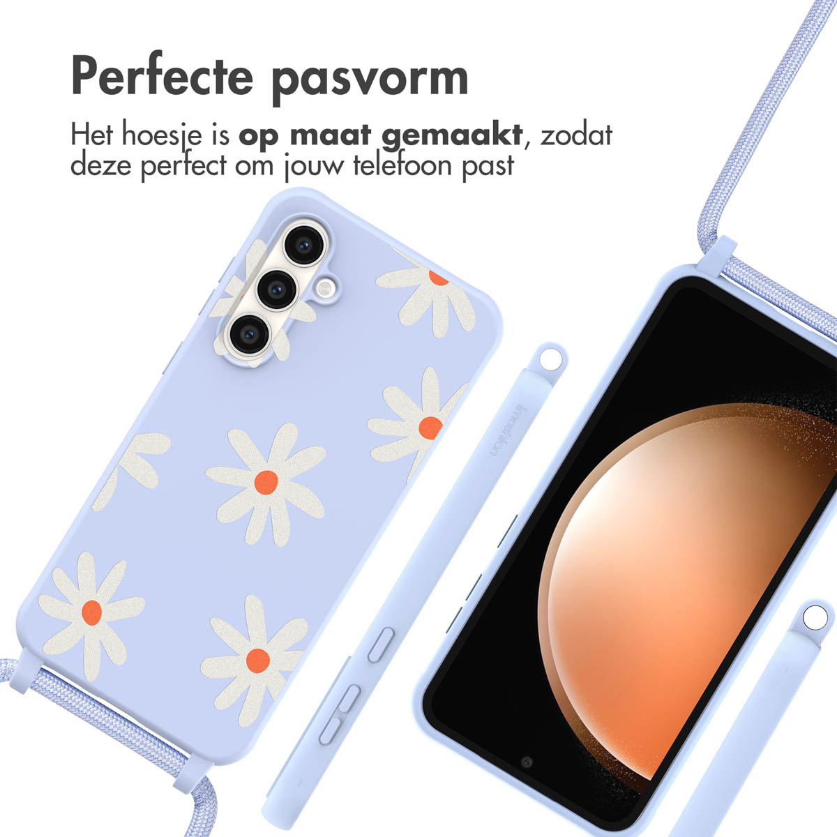Een telefoonhoesje met madeliefjespatroon, een telefoon en een pen, allemaal lichtblauw. Tekst bovenaan.
