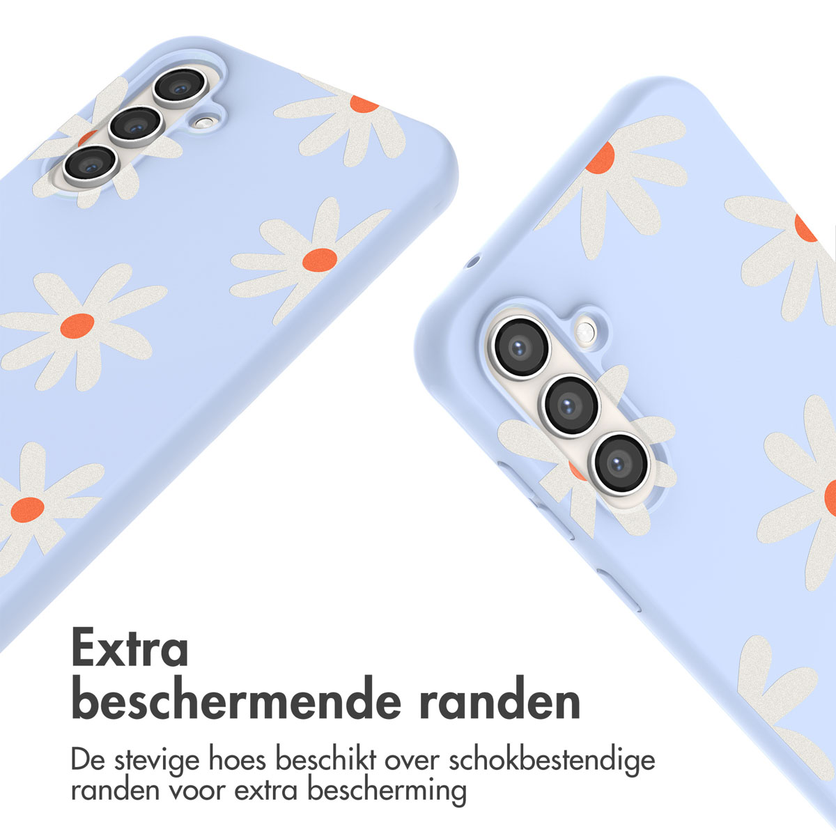 Lichtblauwe telefoonhoesjes met madeliefpatronen. Met extra beschermende randen.