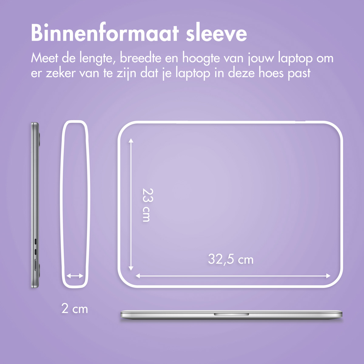 Diagram van een laptop. Toont afmetingen van 32,5 cm bij 23 cm bij 2 cm.