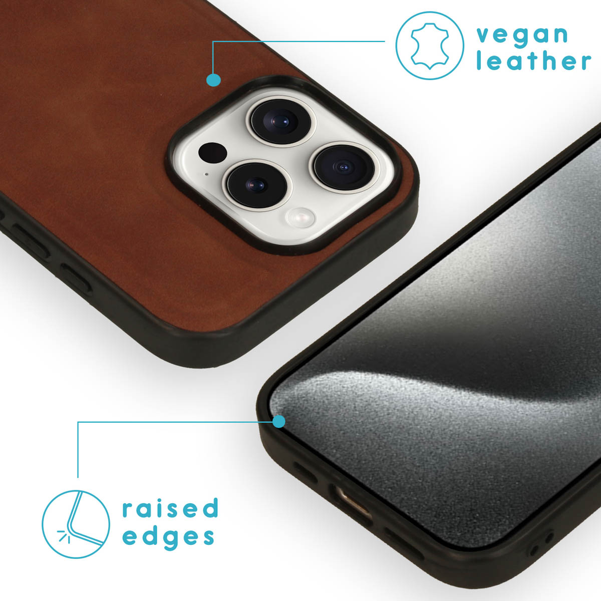 Gros plan sur un étui de téléphone en cuir végétal marron avec bords surélevés et téléphone à l'intérieur.