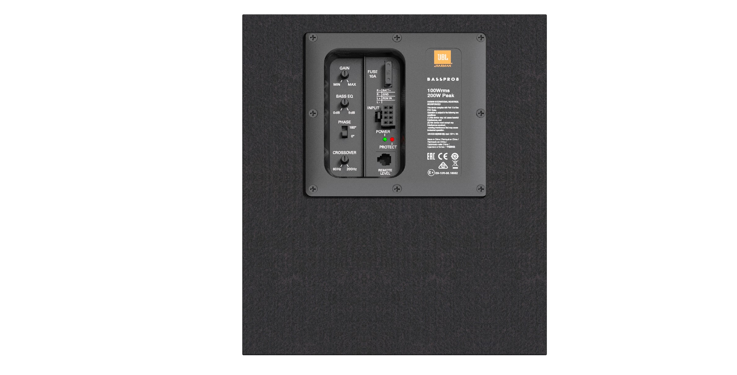 Nahaufnahme eines schwarzen Subwoofer-Bedienfelds mit verschiedenen Einstellungen und Logos.