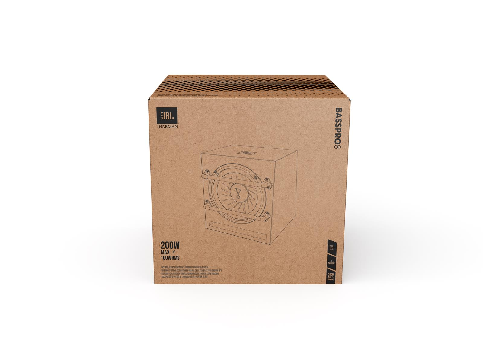 Braune Box mit JBL Harman Logo und BASS PRO8. Illustration vorne.