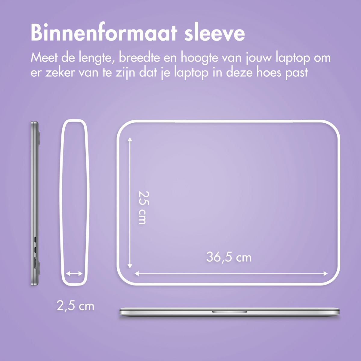 Laptop dimensions. The laptop is 36.5cm wide, 25cm high, and 2.5cm thick.
