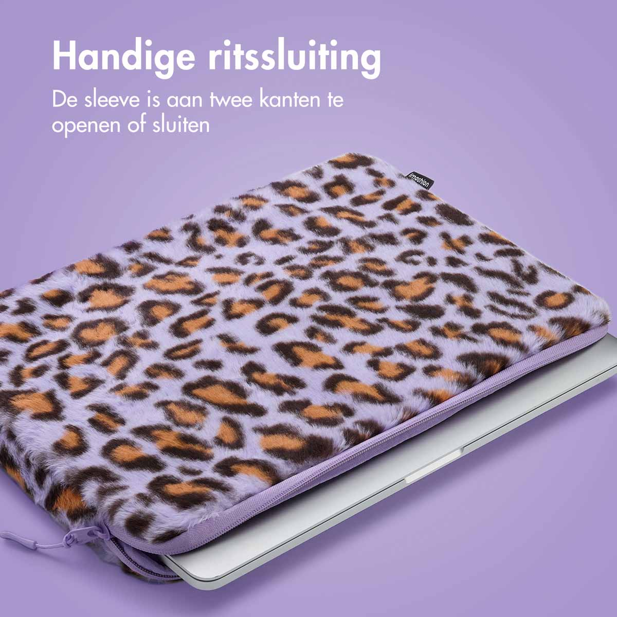 A laptop in a leopard print sleeve, with a purple zipper. Text: Handy zipper. The sleeve opens on both sides.