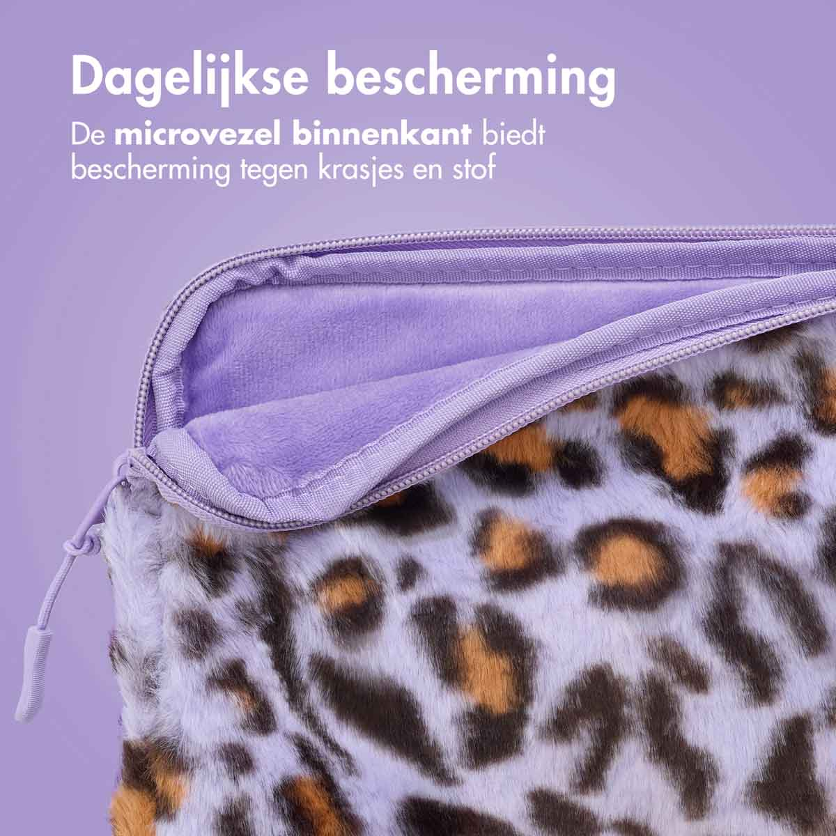 Open laptop sleeve interior, showing purple lining and leopard print exterior.