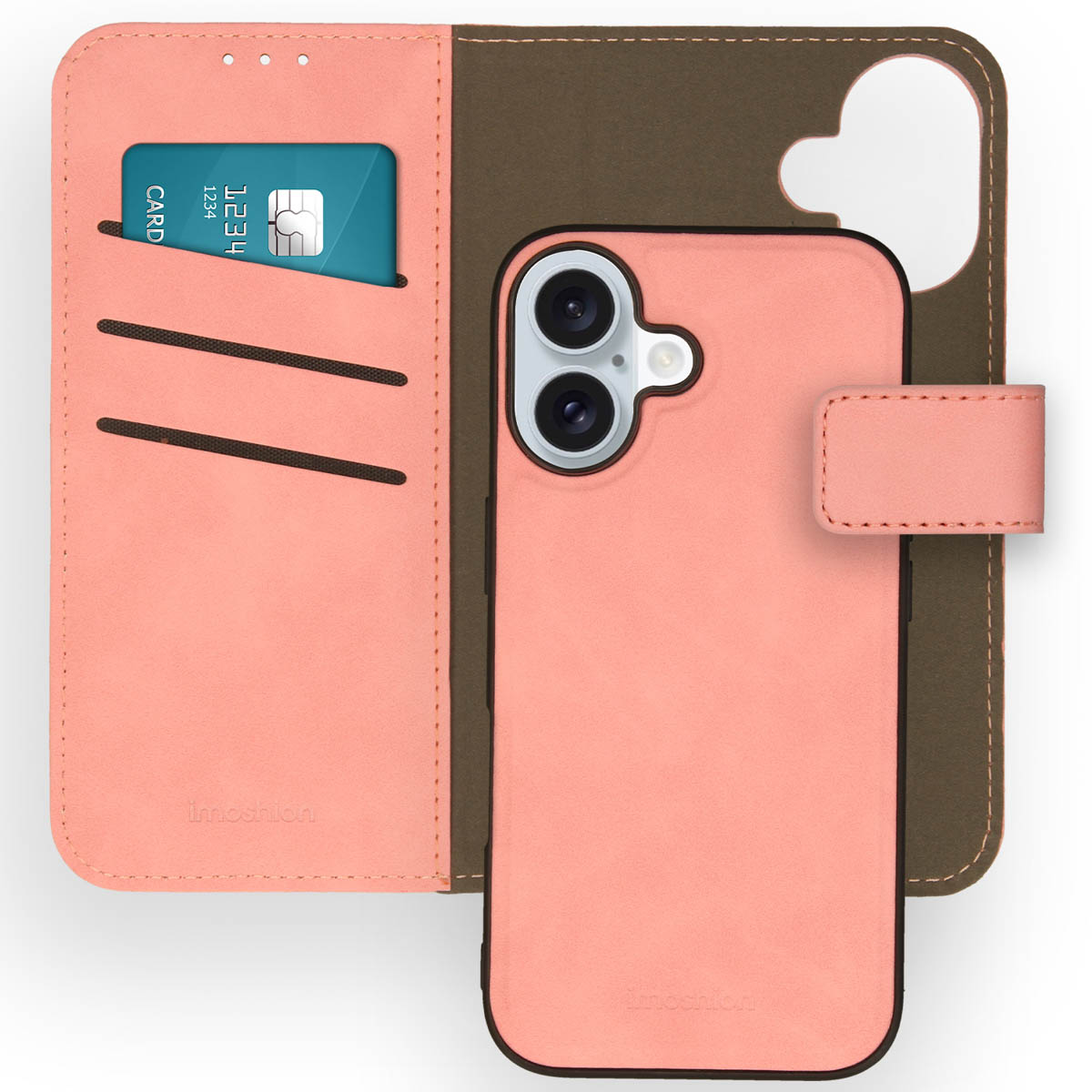 Eine rosa Handyhülle im Brieftaschendesign. Eine Kreditkarte ist im Inneren der Hülle sichtbar.