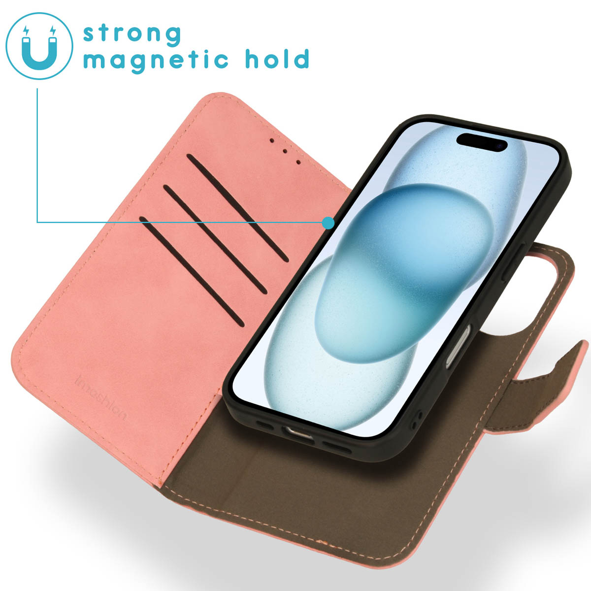 Geöffnete rosa Handyhülle mit einem Telefon mit blauem Bildschirm.