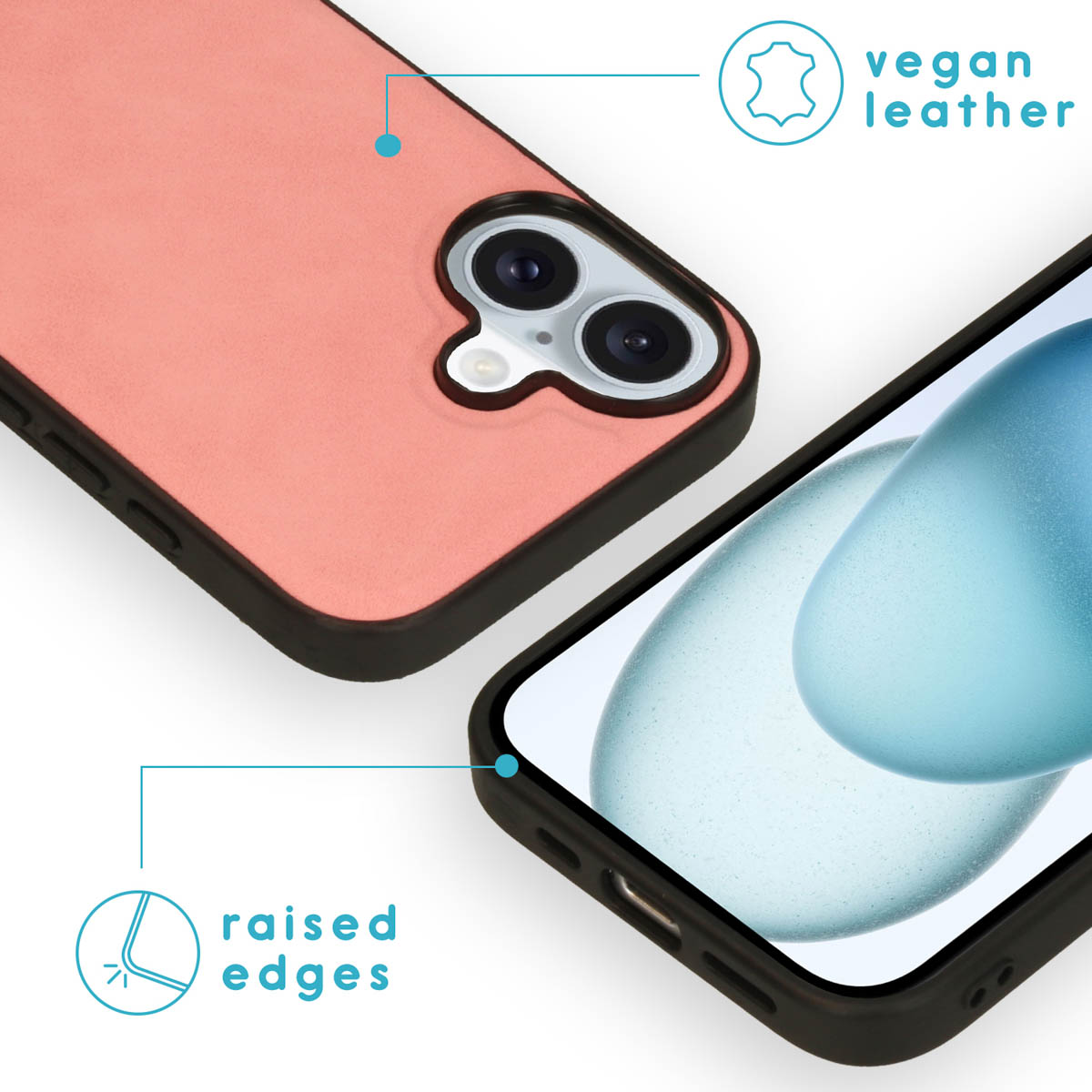 Nahaufnahme von zwei Handyhüllen. Eine ist rosa, eine ist schwarz. Text über veganes Leder und erhöhte Kanten.