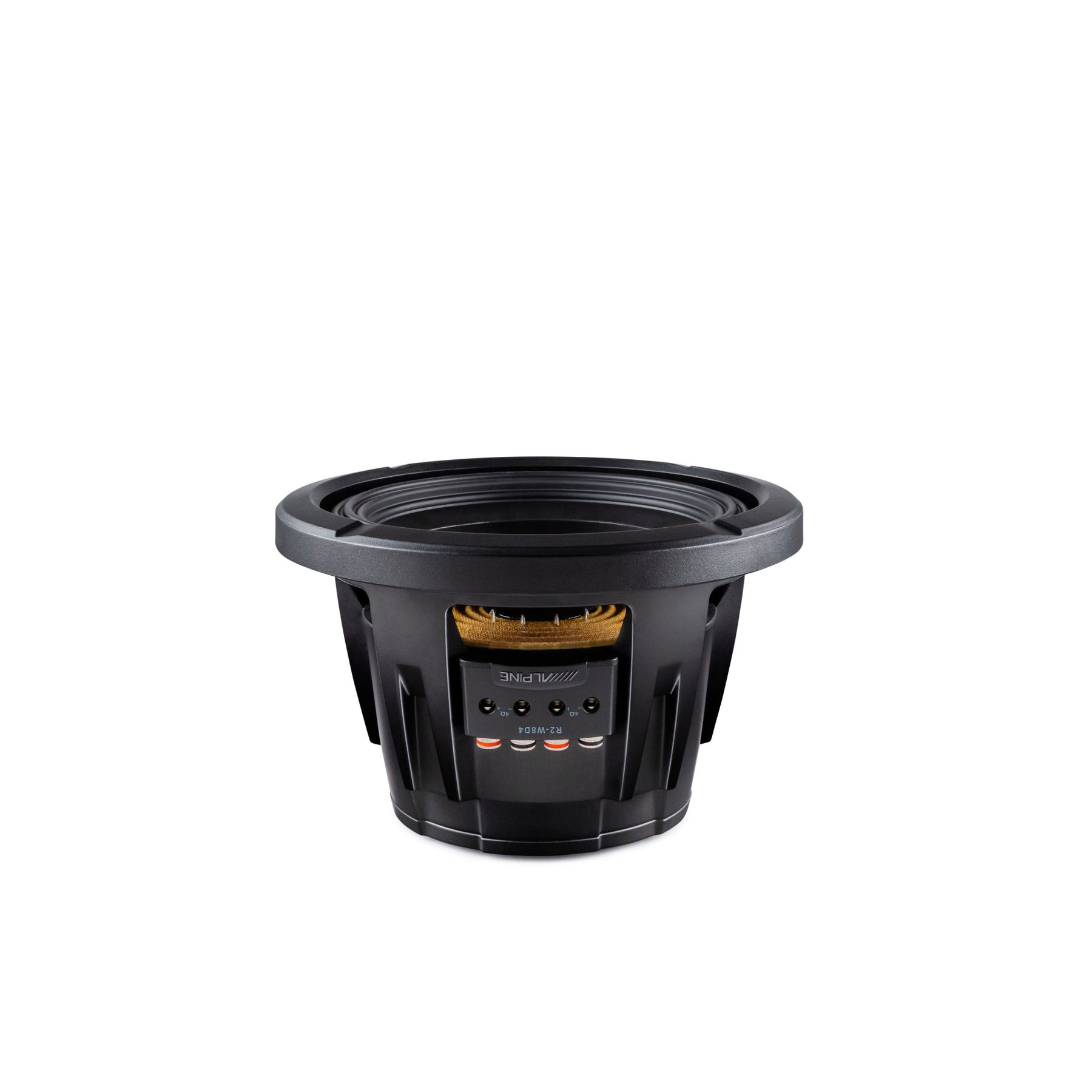 Schwarzer Auto-Subwoofer mit Alpine-Logo. Der Lautsprecher hat einen markanten Konus und Rahmen.