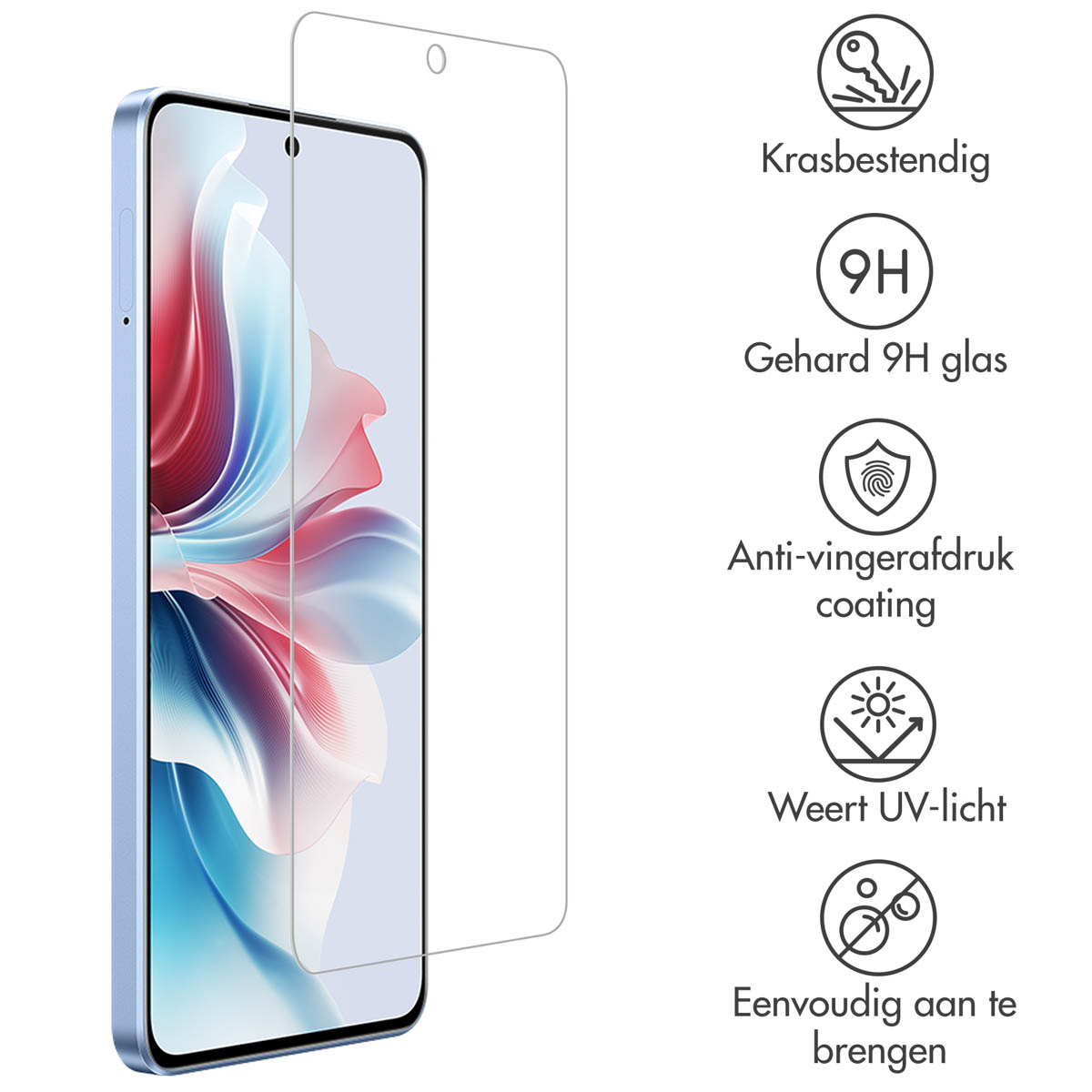 Telefoon met screenprotector aangebracht. Toont de kenmerken van de protector: krasbestendig, 9H glas, etc.