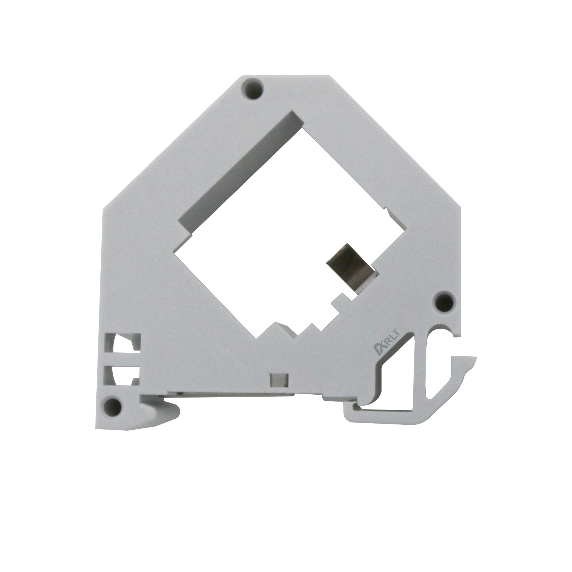 Grauer Kunststoff-Elektro-Klemmenblock, abgewinkelte Form mit quadratischer Öffnung und Metallclip.