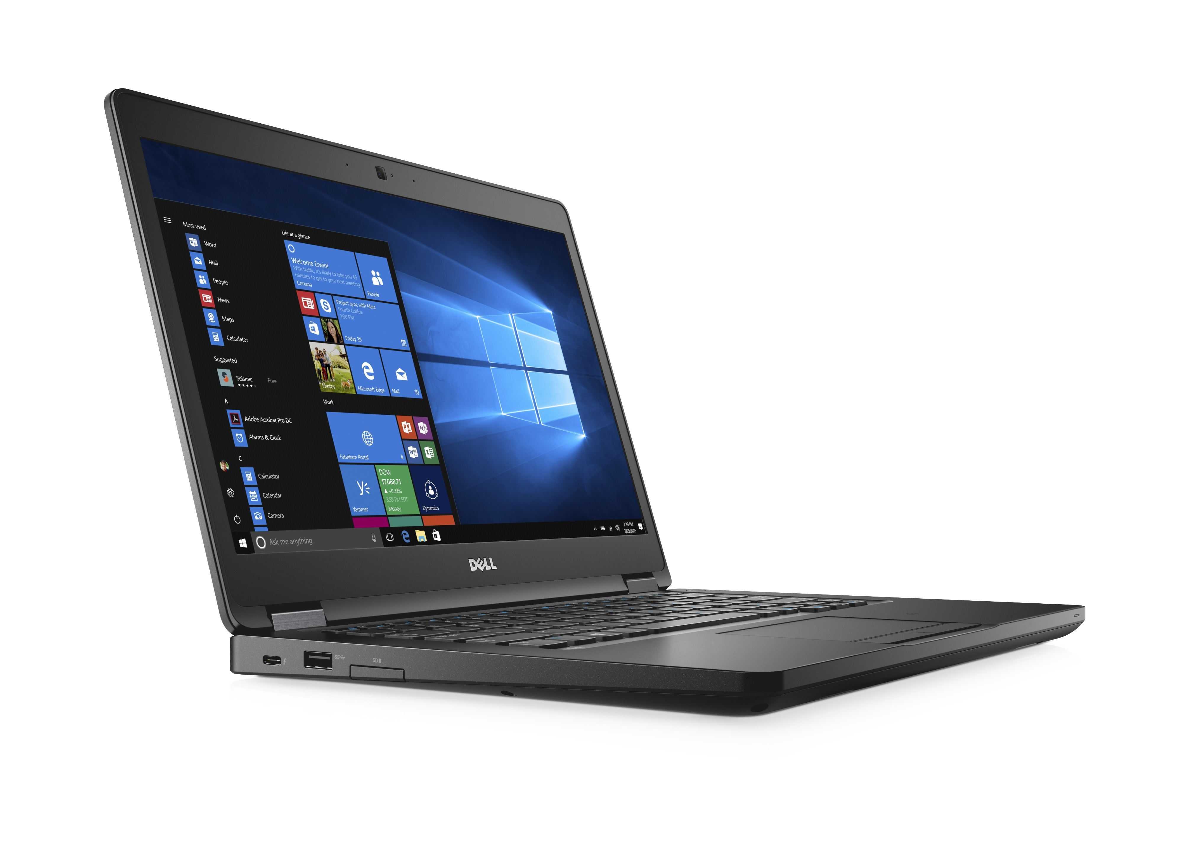 Ein schwarzer Laptop, geöffnet auf weißem Hintergrund, mit sichtbarer Software-Oberfläche.