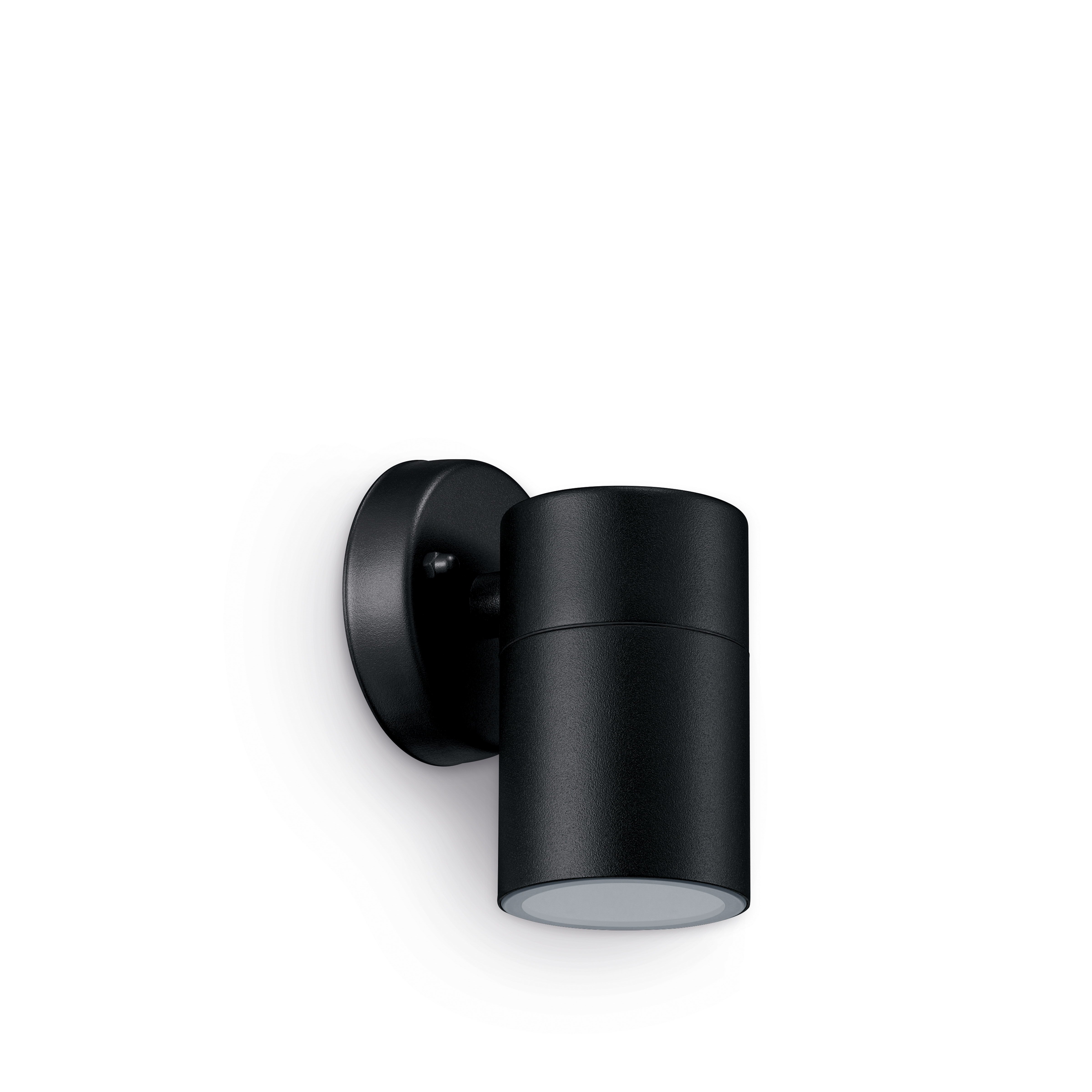 Un luminaire mural cylindrique noir sur fond blanc.