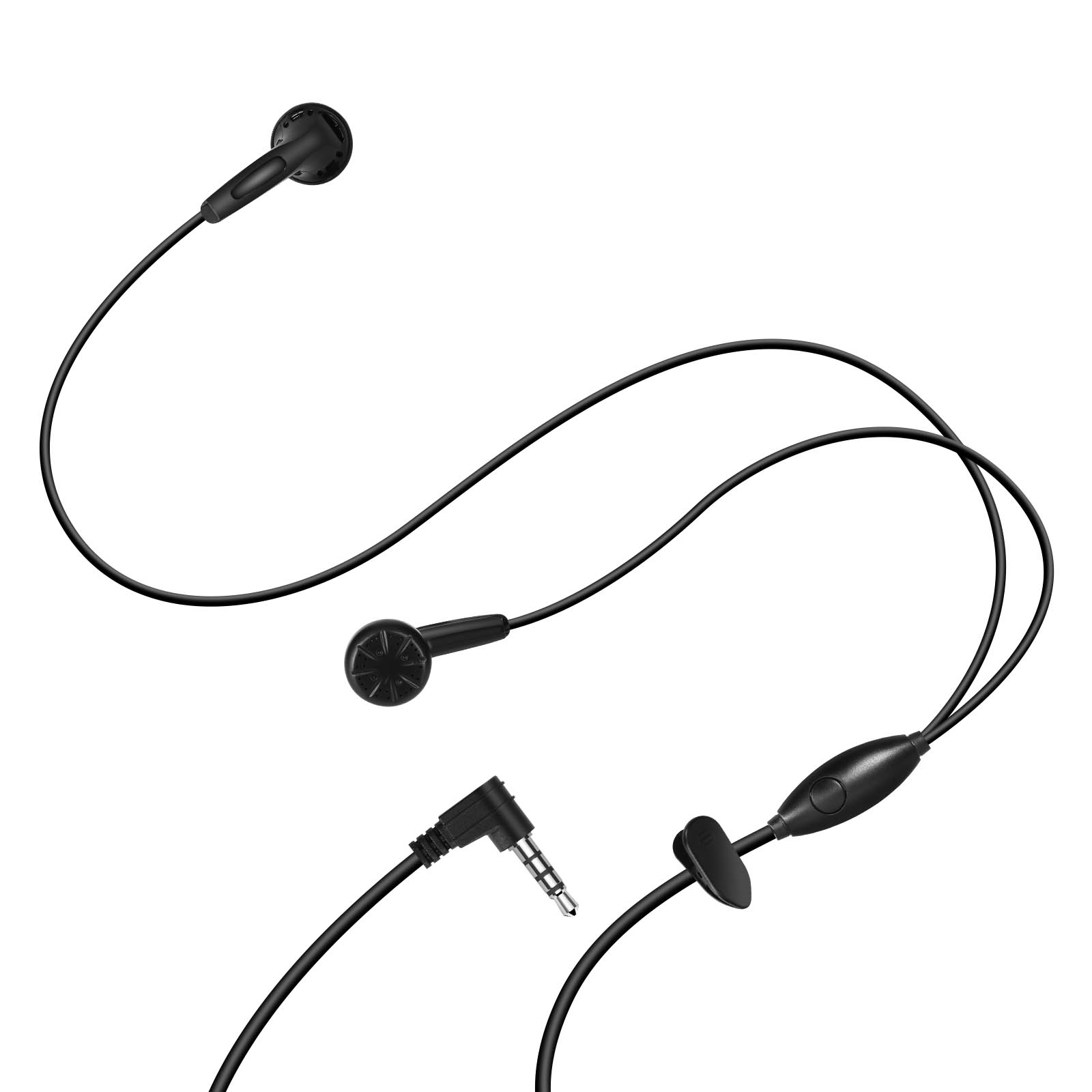 Auriculares negros con micrófono y botón de control. Son con cable y tienen un conector de 3,5 mm.