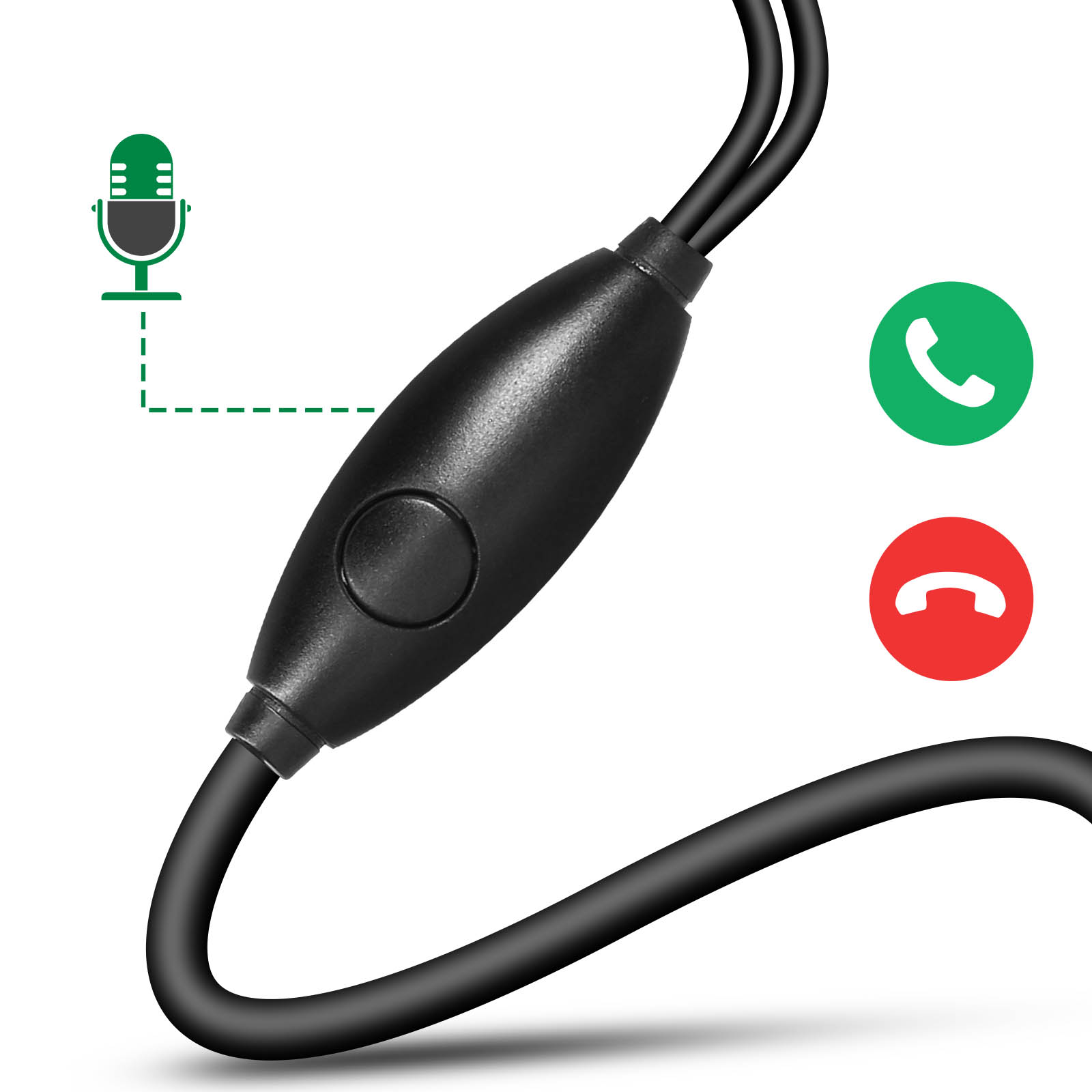 Mando a distancia negro en línea con botón e icono de micrófono. Iconos de llamada verdes y rojos.