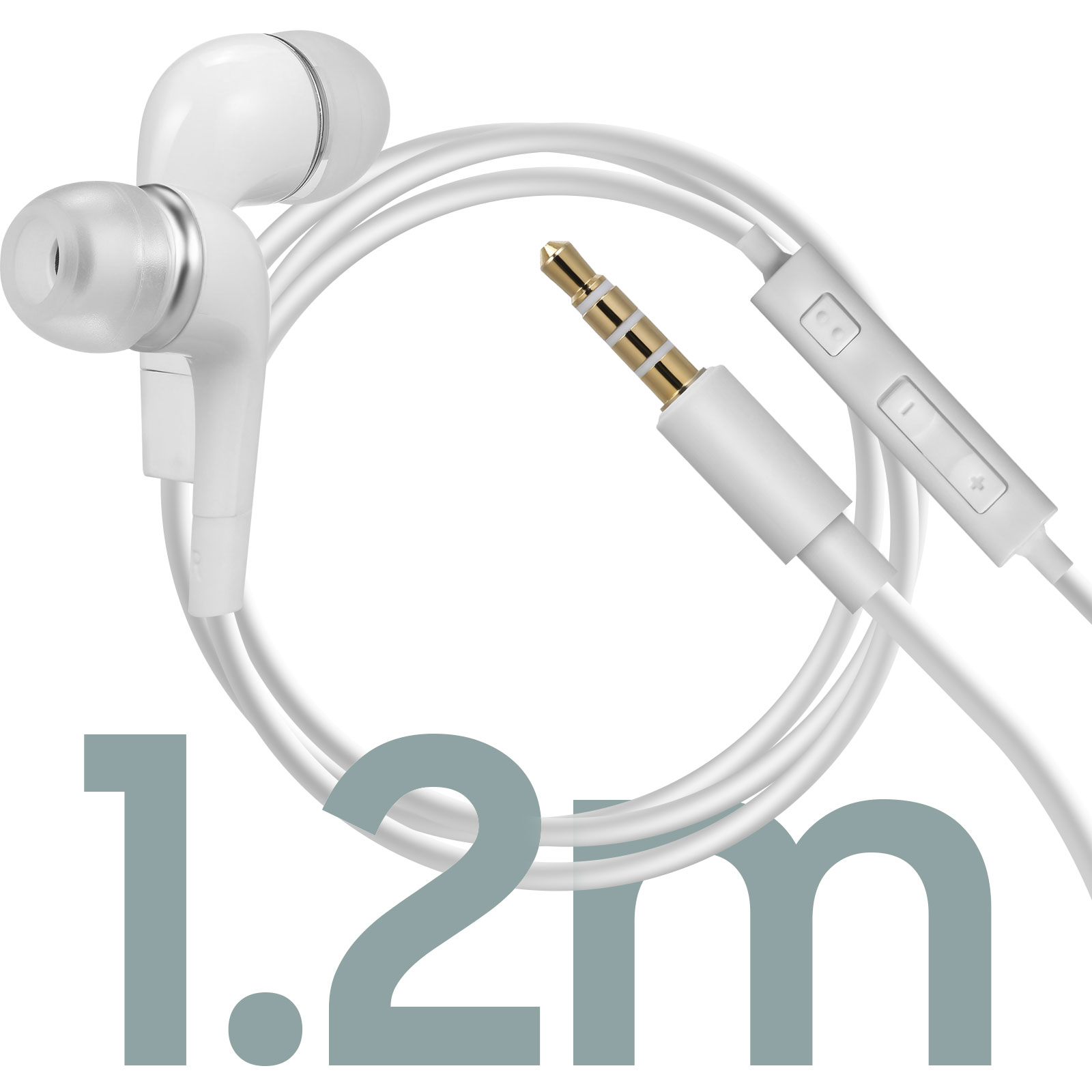 Weiße Ohrhörer mit weißem Kabel und goldfarbenem Stecker. 1,2m Text.