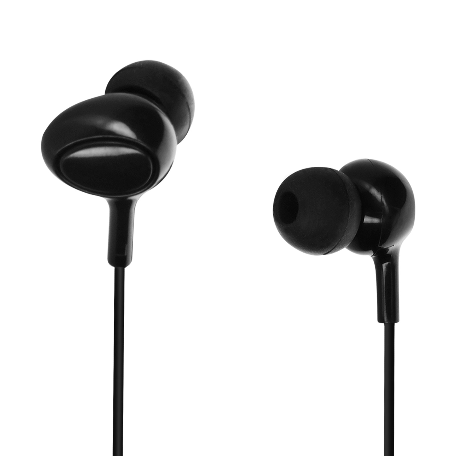Dos auriculares negros sobre fondo blanco. Cada auricular tiene un diseño redondeado y un cable negro fino.