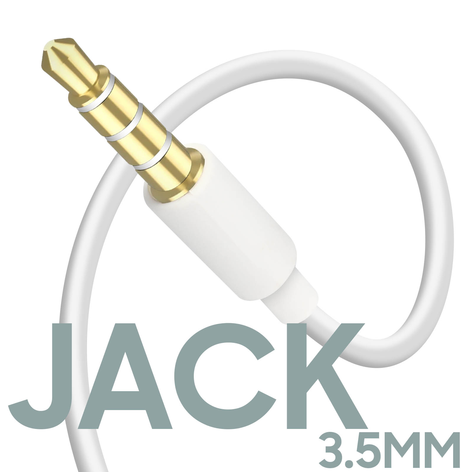 Ein weißes 3,5-mm-Kabel mit goldenen Akzenten. Der Text lautet JACK und 3,5MM in großen Buchstaben.