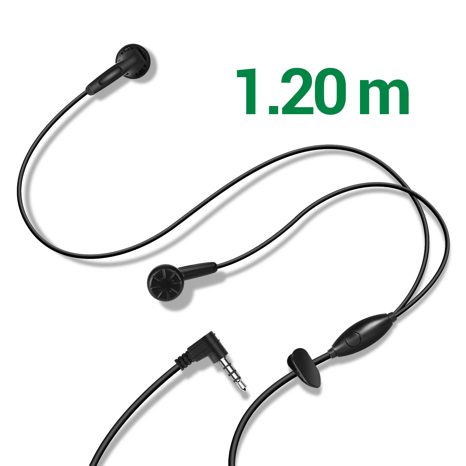 Auriculares negros con cable, conector y el texto '1.20 m'.