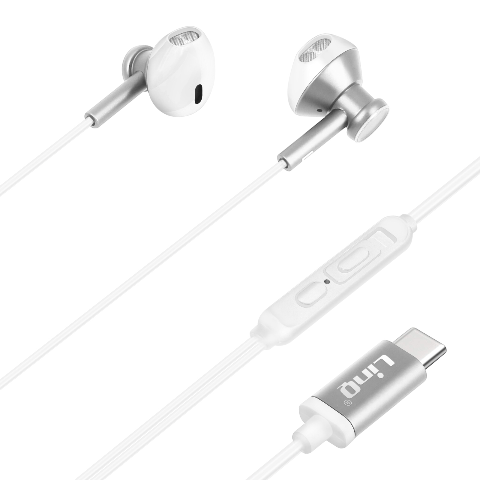 Weiße und silberne Ohrhörer mit weißem Kabel, Steuermodul und USB-C-Anschluss.