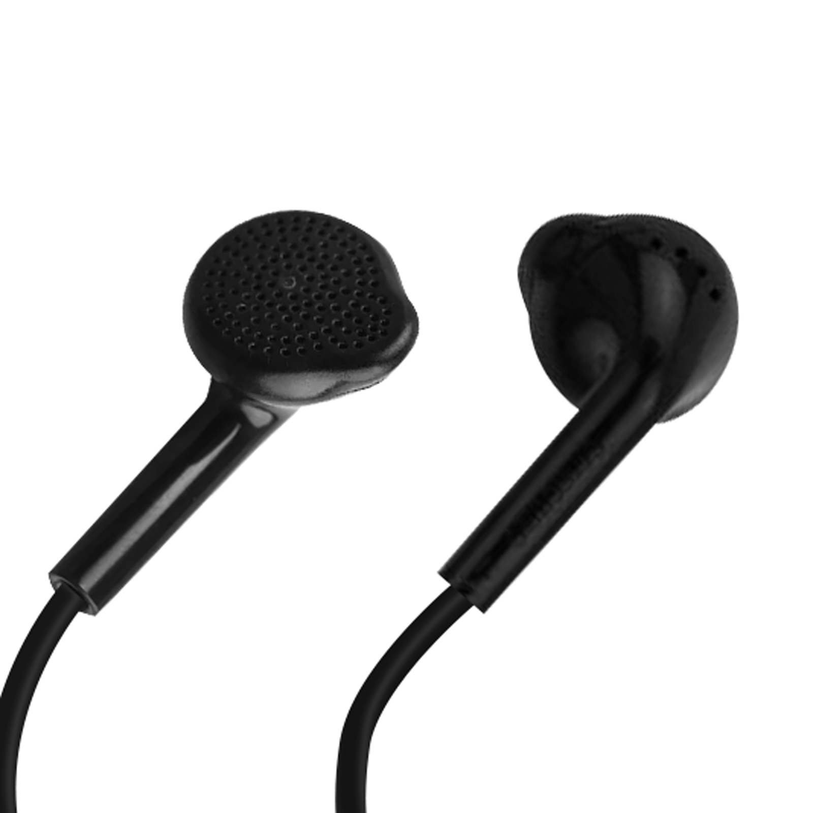 Due cuffie in-ear nere con cavi neri. I puntali degli auricolari sono rotondi.