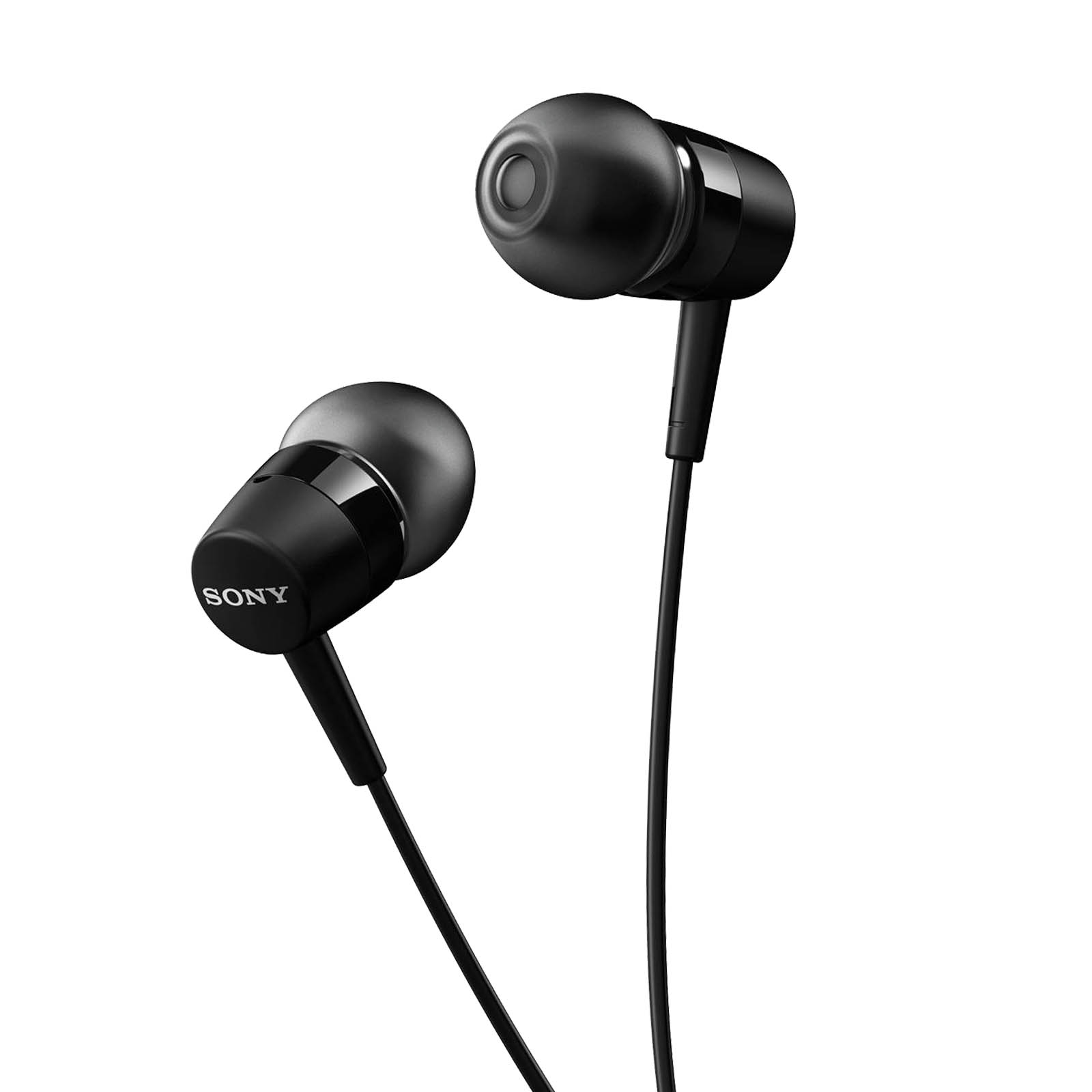 Par de auriculares Sony negros sobre fondo blanco. Los auriculares están enfocados y tienen cables negros.
