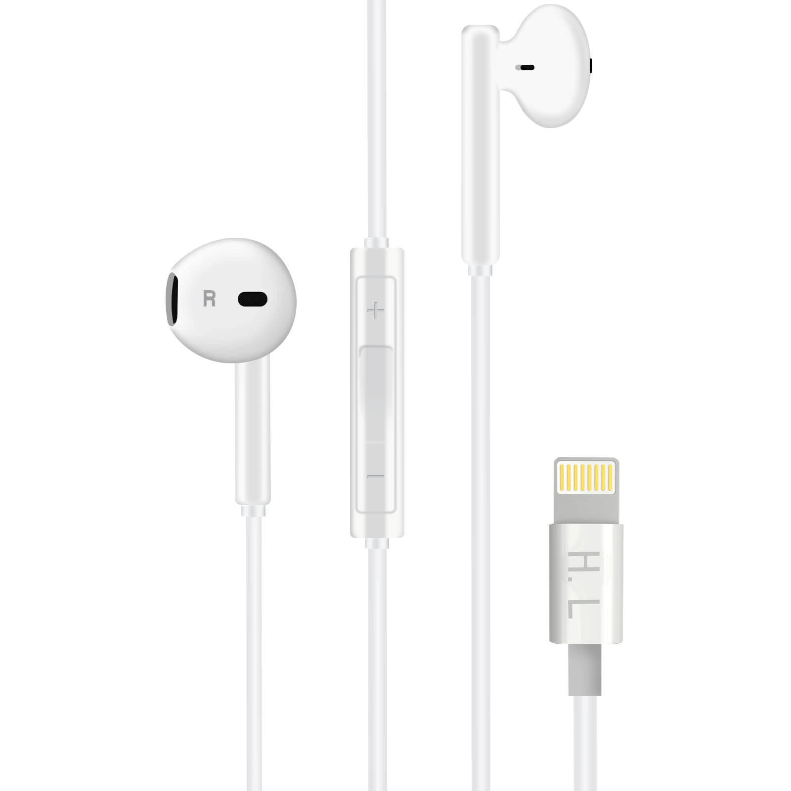 Auriculares blancos con un panel de control, un conector Lightning y un micrófono a la derecha.