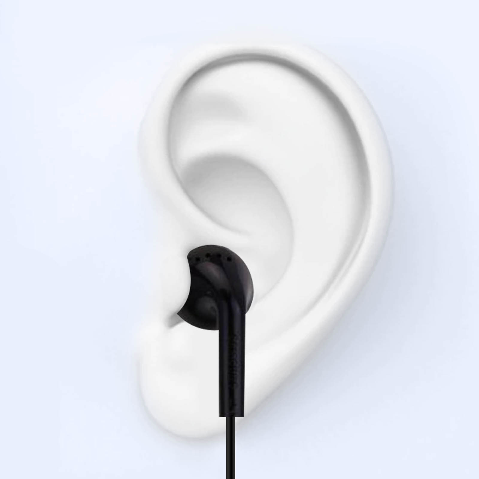 Auricolare nero nell'orecchio, contro uno sfondo bianco con contorno orecchio.