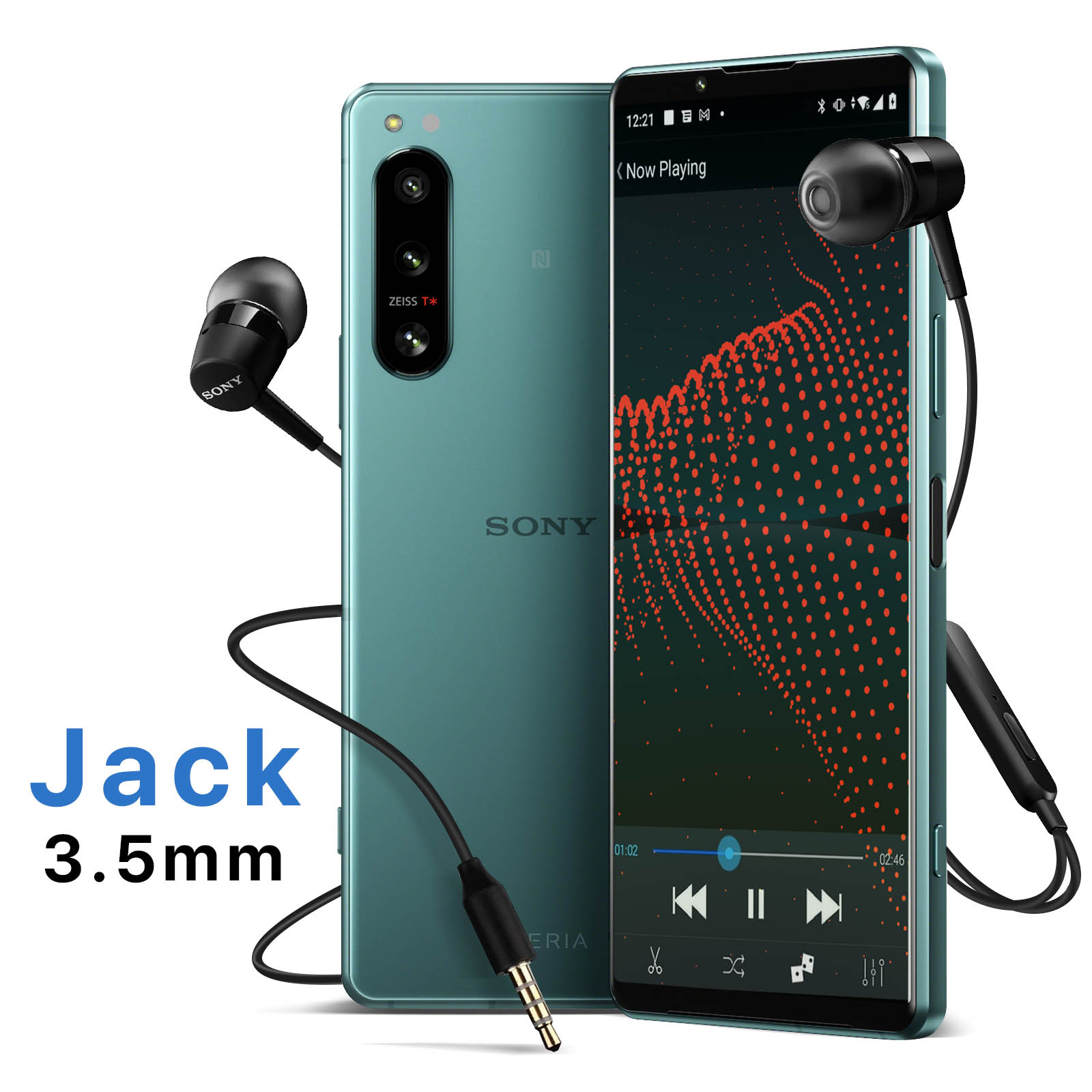 Un smartphone con auriculares y un conector de 3,5 mm. El teléfono muestra una interfaz de reproductor de música.