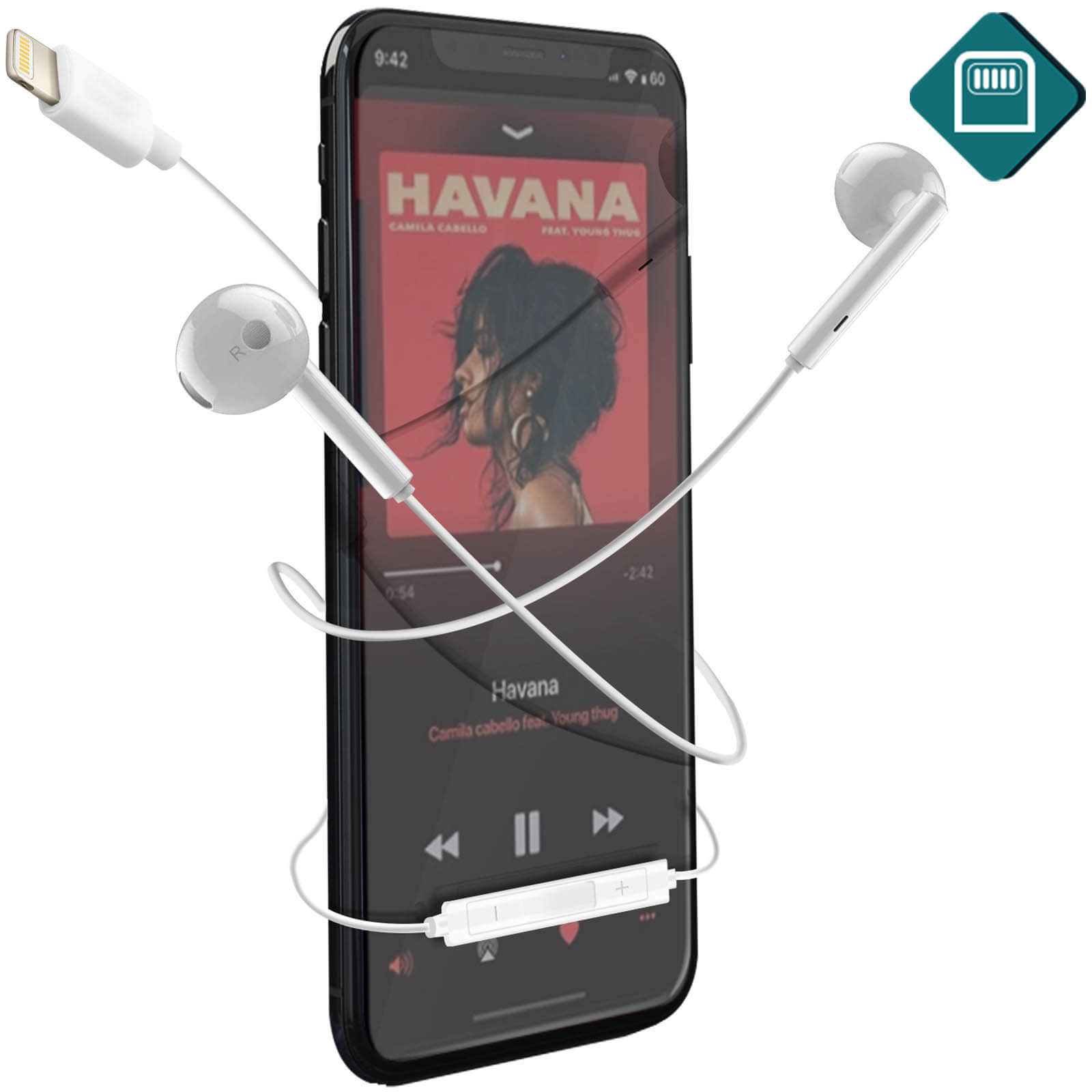 Auriculares blancos conectados a un teléfono reproduciendo música. El teléfono muestra una portada de álbum.