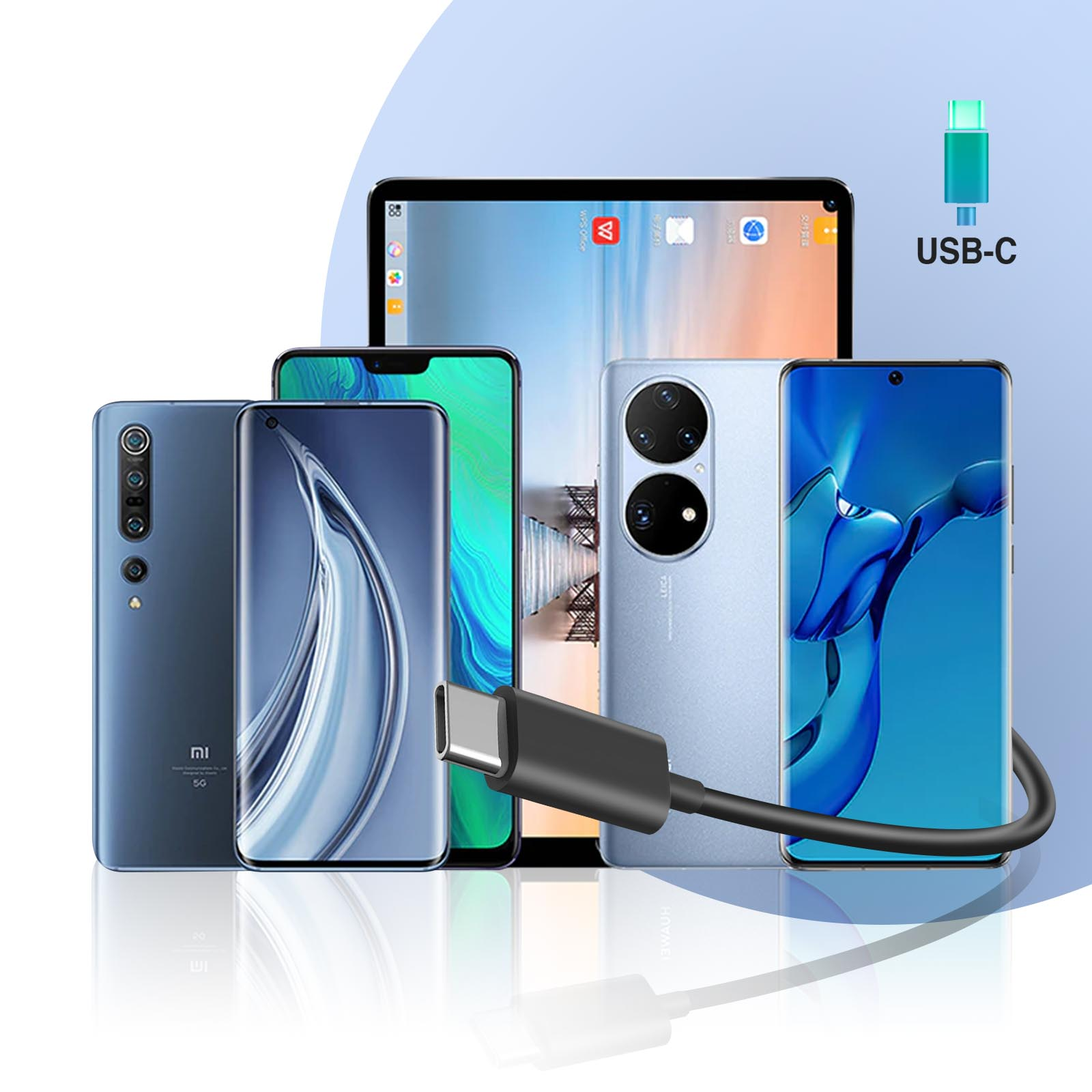 Een groep smartphones en een tablet zijn aangesloten op een USB-C-kabel tegen een blauwe achtergrond.