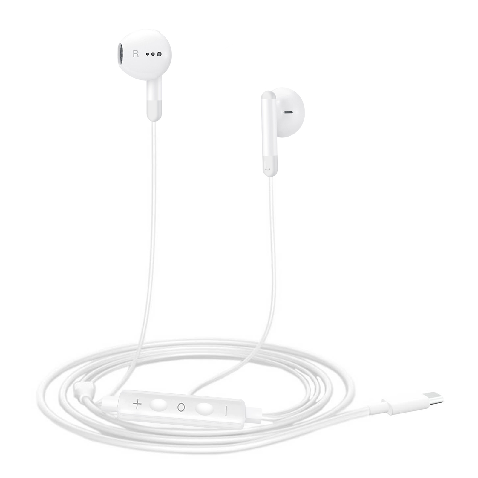 Weiße Ohrhörer mit integrierter Fernbedienung und USB-C-Anschluss, auf weißem Hintergrund.