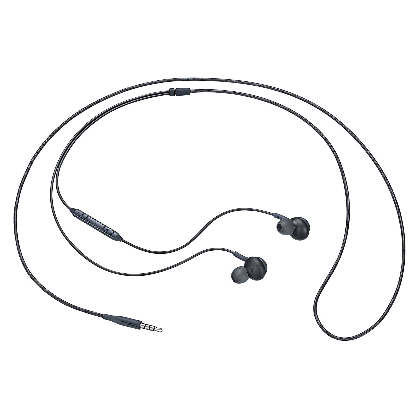 Auricolari neri con modulo di controllo e jack da 3,5 mm.