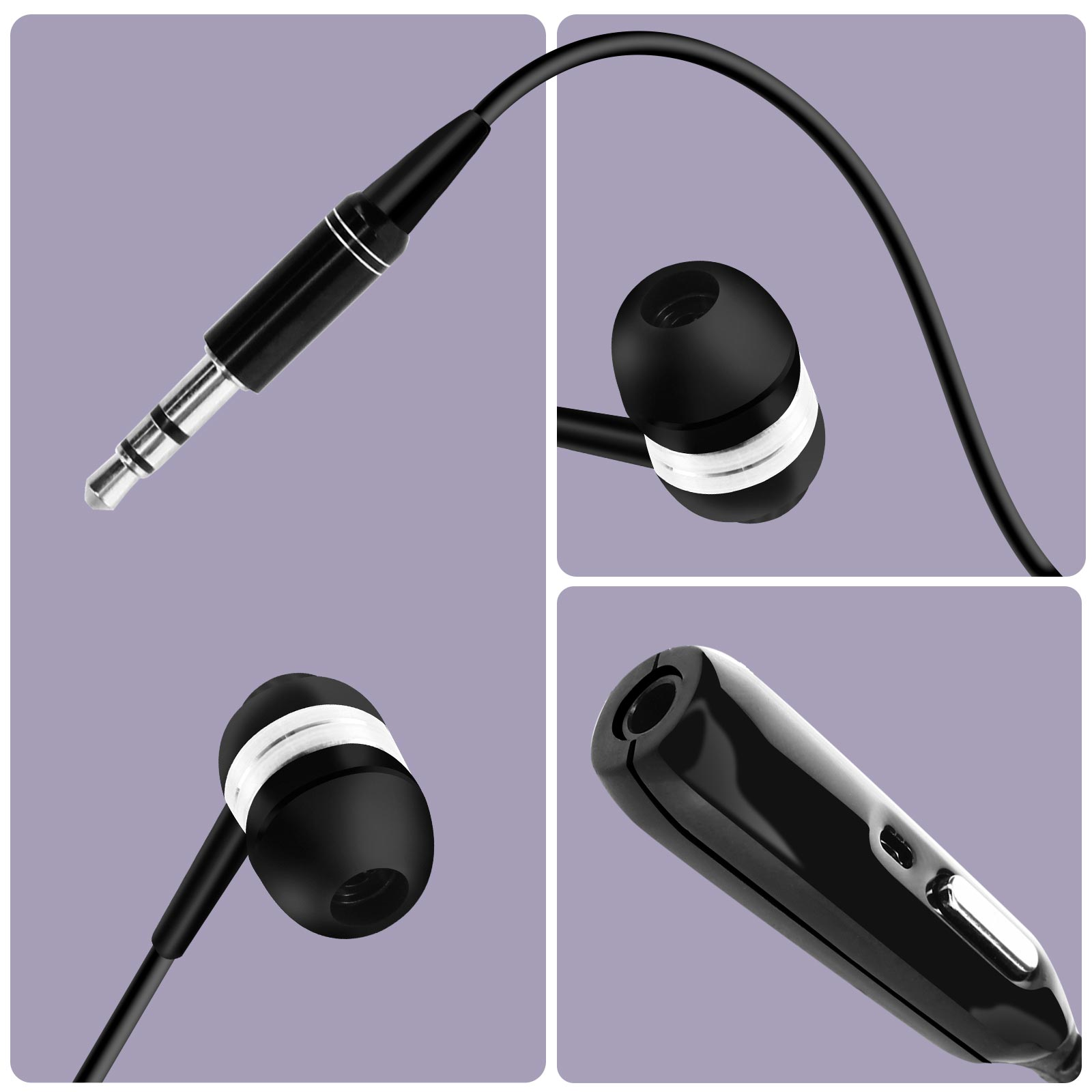 Primer plano de auriculares negros con detalles plateados. Diferentes ángulos muestran el enchufe, el auricular y detalles.
